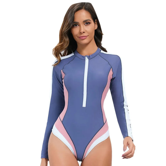 Long Sleeved Sun Protection One-piece Sports Swimsuit for Women High Elasticity Slim Zipper Sports Surfing Suit