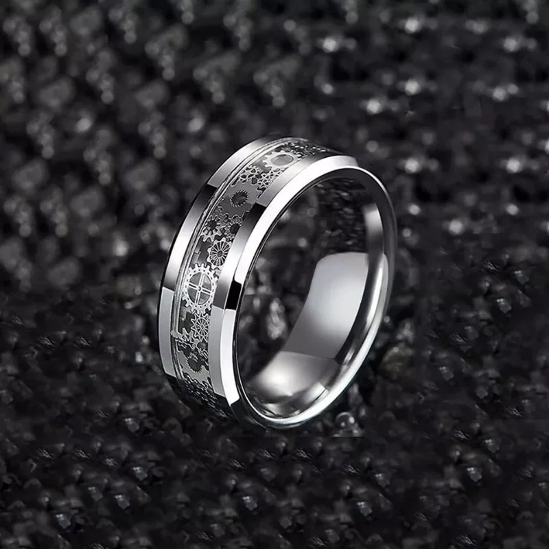 Fashion Steampunk Gear Wheel Men Stainless Steel Ring Inlay Carbon Fiber Rings For Men Rock