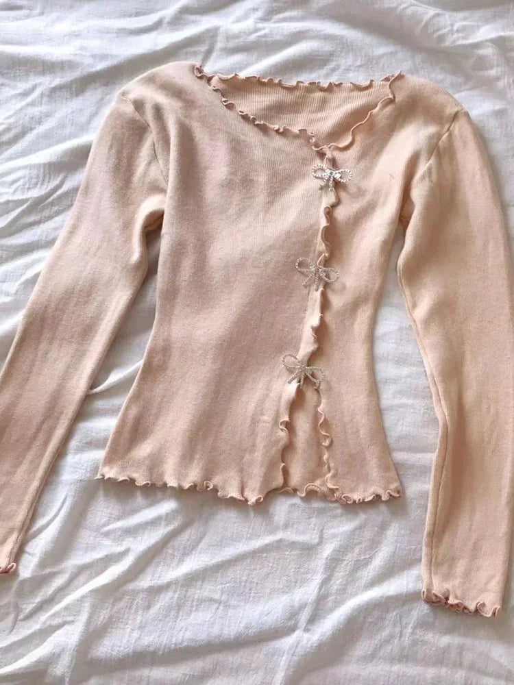 Casual Long Sleeve Sweater Solid Lettuce Trim Bowknot Pullover Sweater For Spring & Fall Women's Clothing Fashion