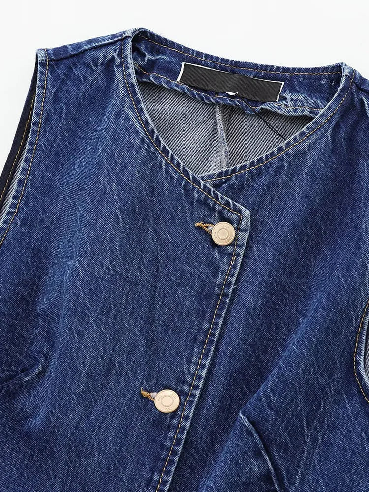 Casual All-match Round Neck Sleeveless Blue Slim Waist Denim Vest