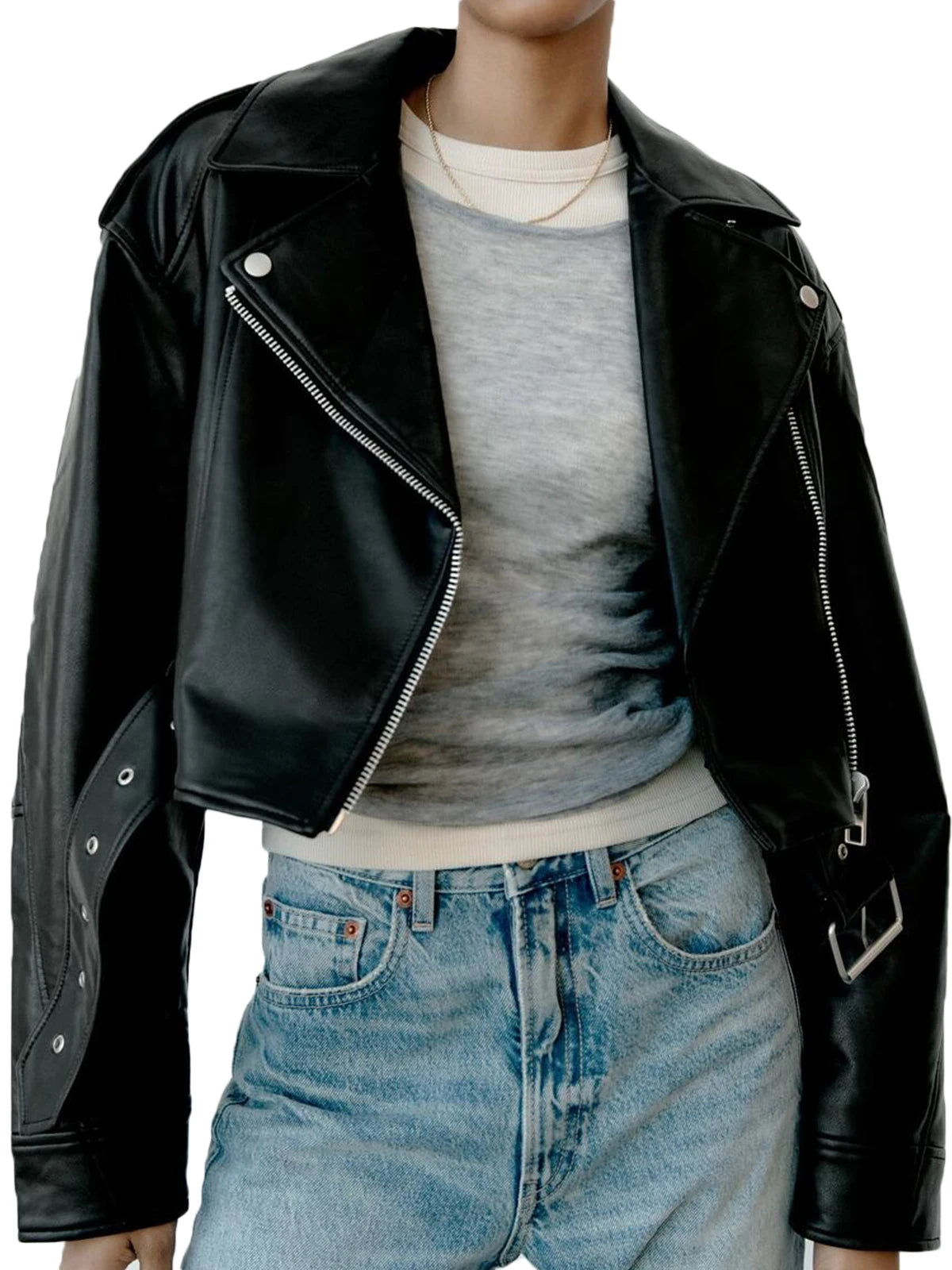 Faux PU Leather Jacket Casual Lady Lapel Zipper Short Leather Jacket High Street Motorcycle Coat