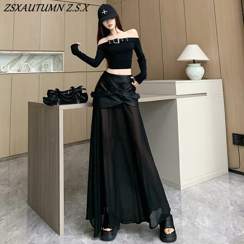 Black Leather Skirt Mesh Stitching Leather