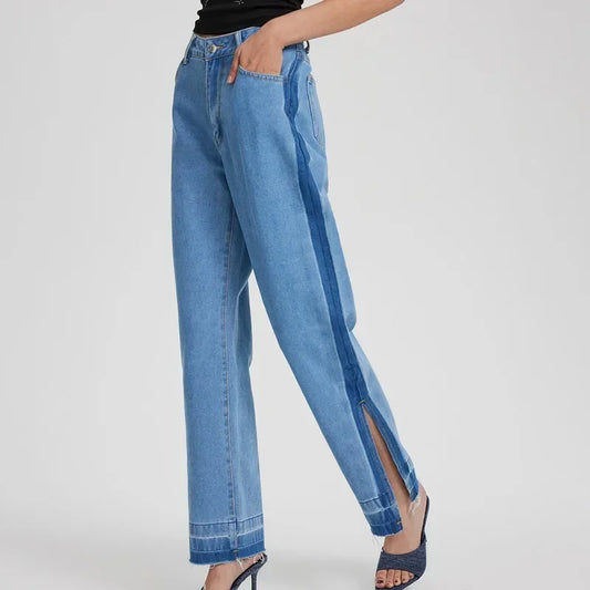Women High Rise Slit Jeans Straight Wide Leg Loose Denim  Trousers Streetwear