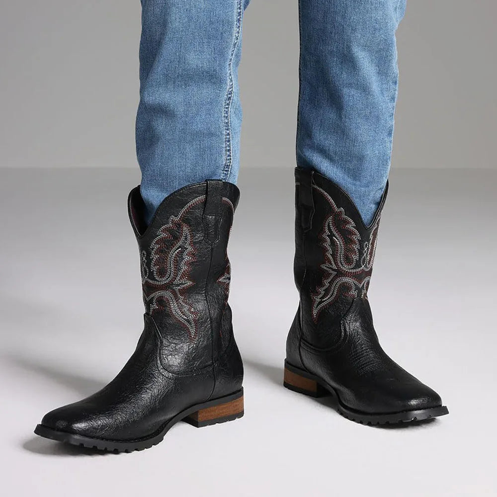Plus size 12.5 Fashion Retro Square Toe Neutral Cowboy Boots Luxury Embroidered Concise Pull-on Western Boots