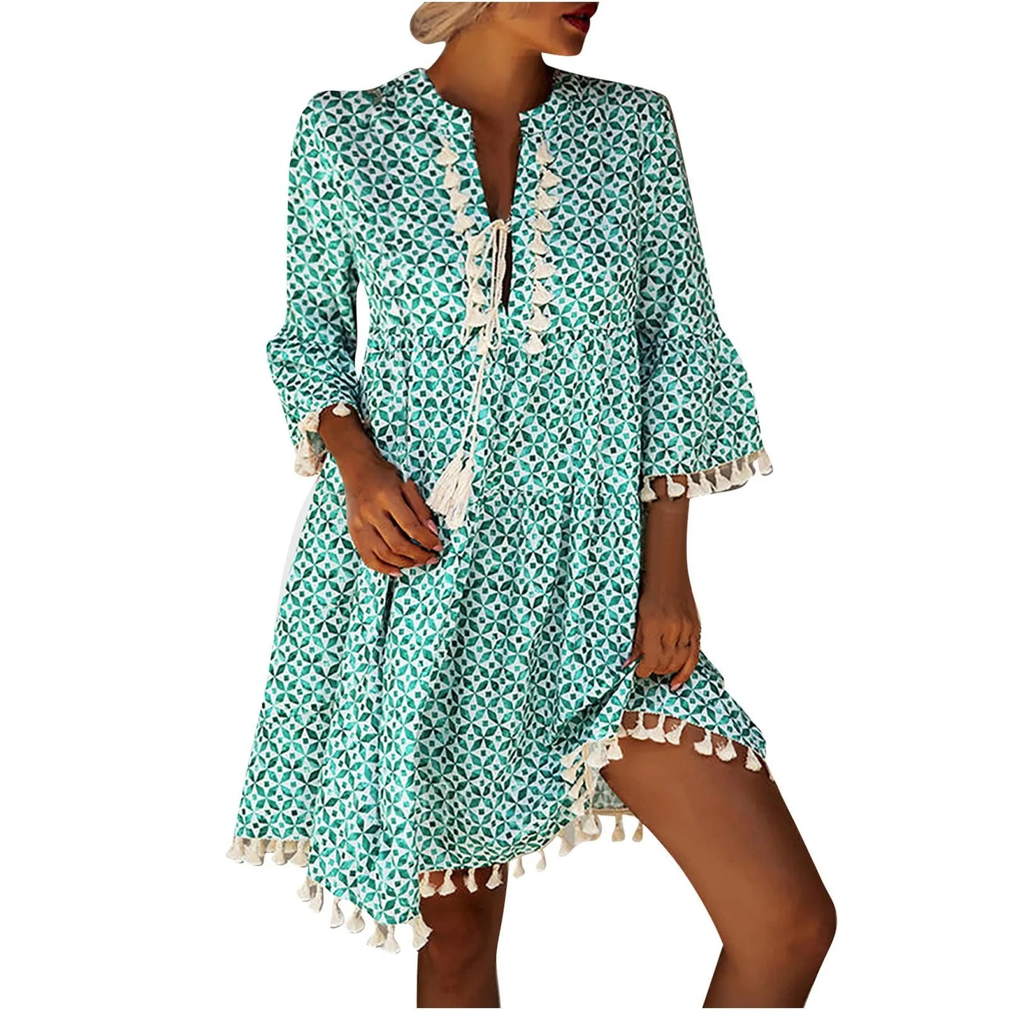 Ladies Lace Trim V Neck Short Sleeve Loose  Dress with Pockets Fashion Women Summer Casual Bohemian Print Dress
