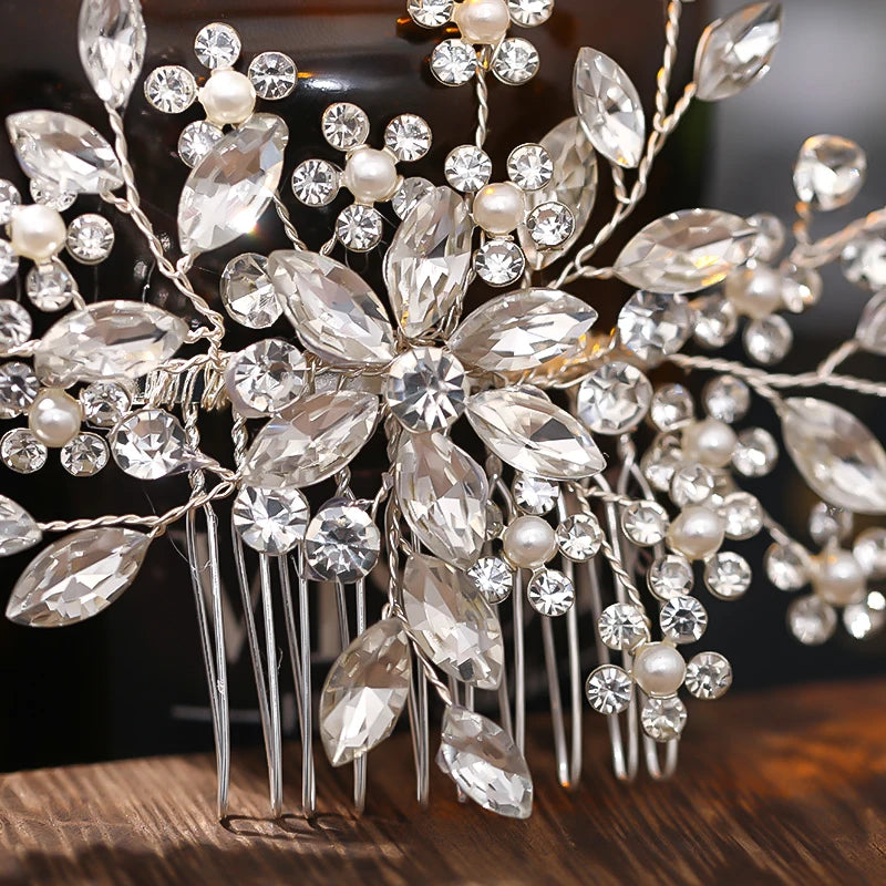 Crystal Flower Pearl Hair Comb Rhinestone Hairpin Headband Wedding Hair Accessories for Women Elegant Jewelry Gift