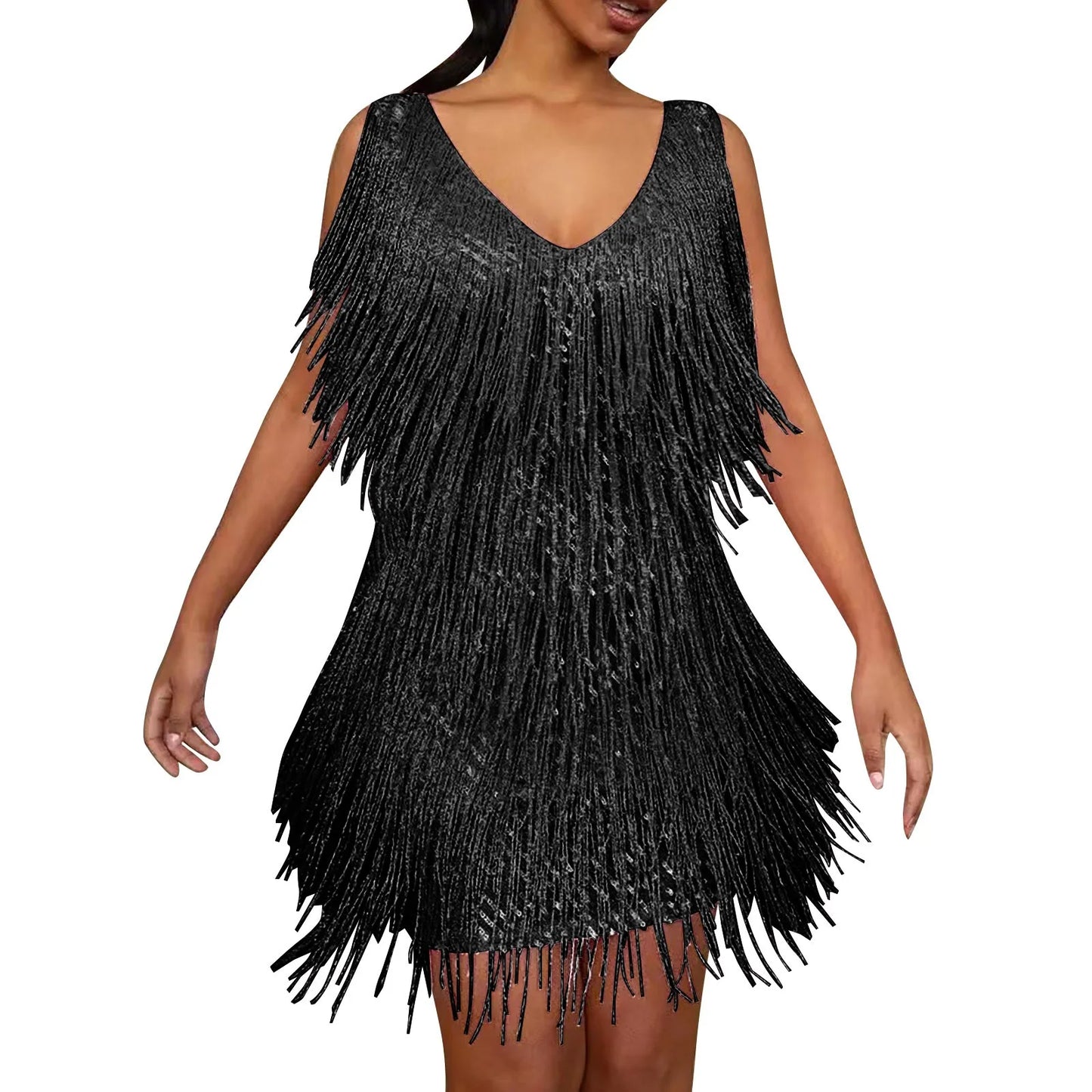 Sequin Suspenders Fringe Mini Dress Women  Solid Color Cocktail Party Bodycon Elegant Slings Tassel