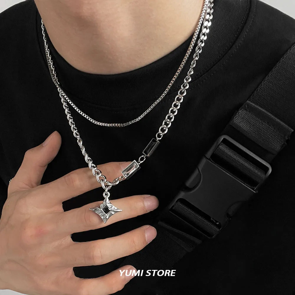 Zircon Double Layer Necklace For Men Women Trend Charm Titanium Steel Pendant Chain Unisex Jewelry