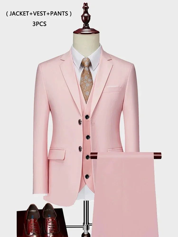 ( Jacket +Vest+ Pants ) Luxury Men's High-end Brand Solid Color Business Office Suit 3Pcs & 2Pcs Groom Wedding Party Suit Tuxedo
