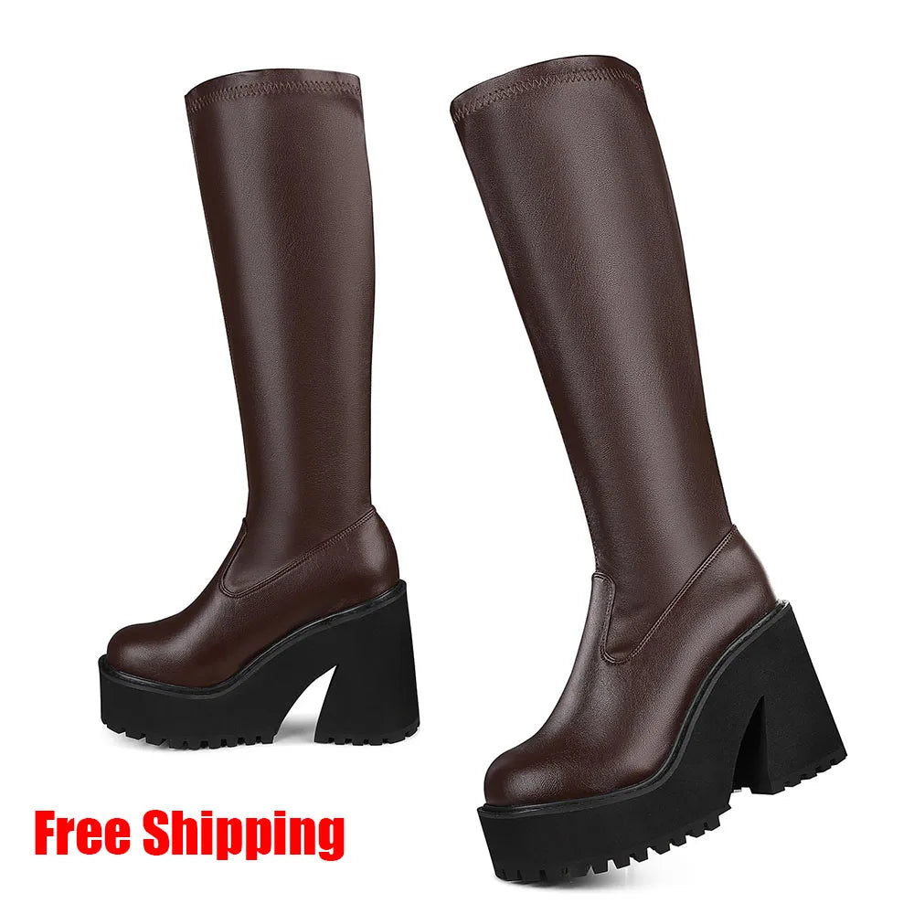 Chunky High Heeled Punk Platform Boots  Round Toe Pull-on Long Boots Knee High Boots