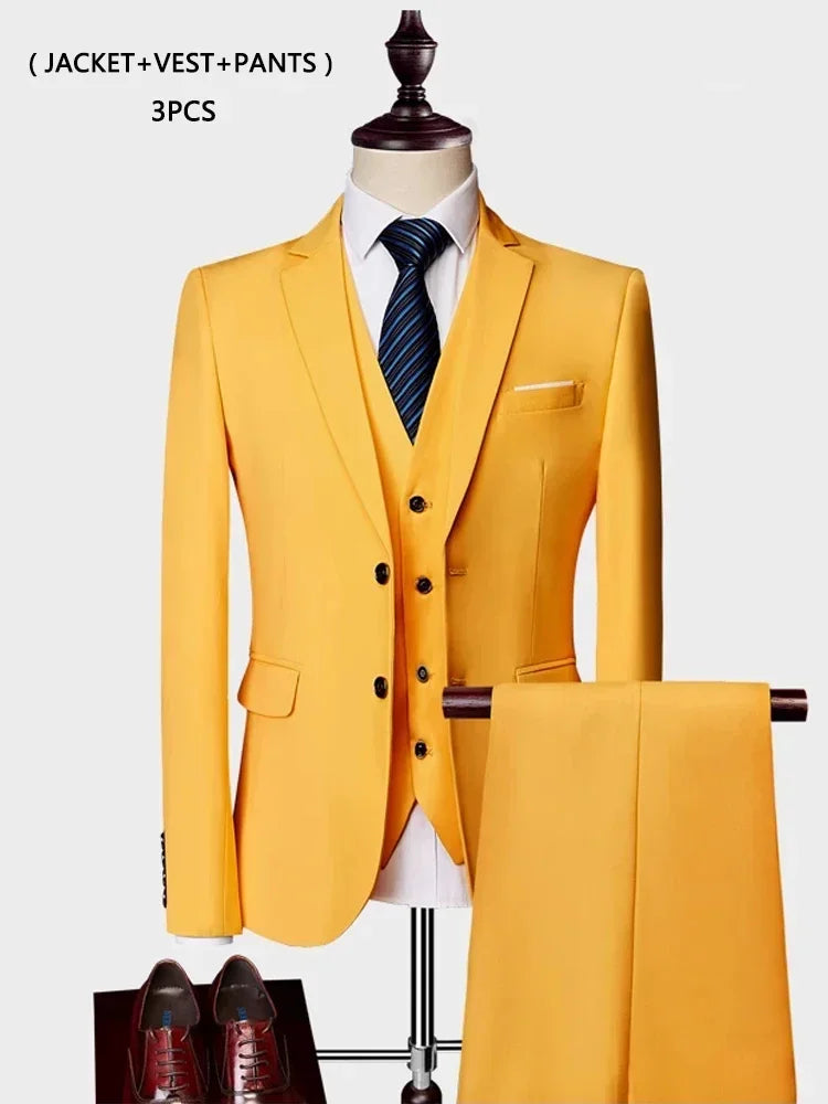 ( Jacket +Vest+ Pants ) Luxury Men's High-end Brand Solid Color Business Office Suit 3Pcs & 2Pcs Groom Wedding Party Suit Tuxedo