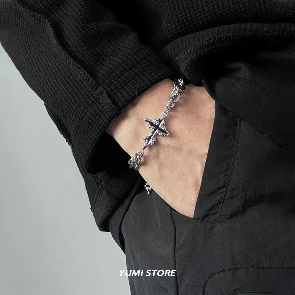 Retro Flame Cross Bracelet For Men Woman Hip Hop Titanium Steel Splice Chain Charm Unisex Jewelry