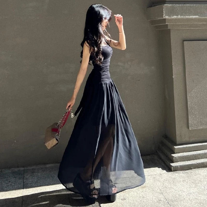 Elegant Slip Long Dresses Sexy Women's Ruched Bodycon Solid Maxi Dress Spring Summer  Dropped waist