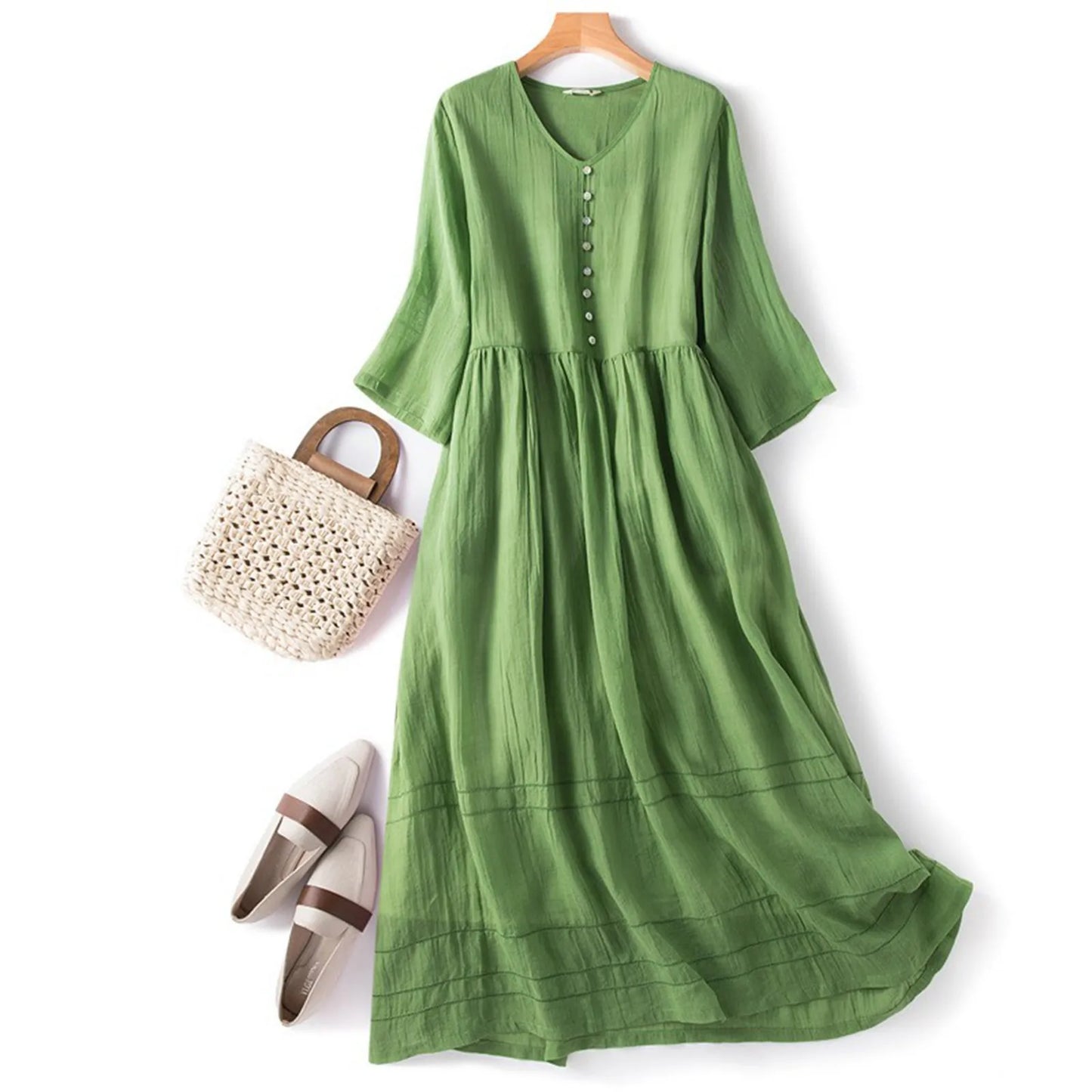 Summer Simple Plain Color V-neck Beach Midi Dress Women's Elegant Comfy Breathable Dresses Casual Sundress