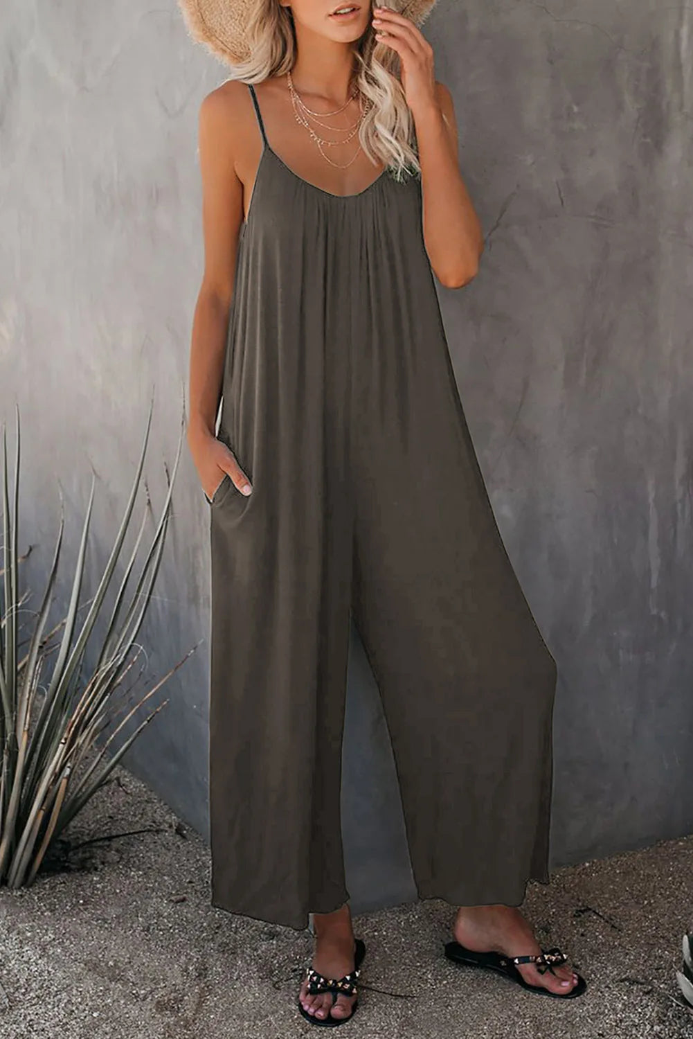 European and American Suspender  Women's Summer Foreign Trade Solid Color Pocket Casual Jumpsuit