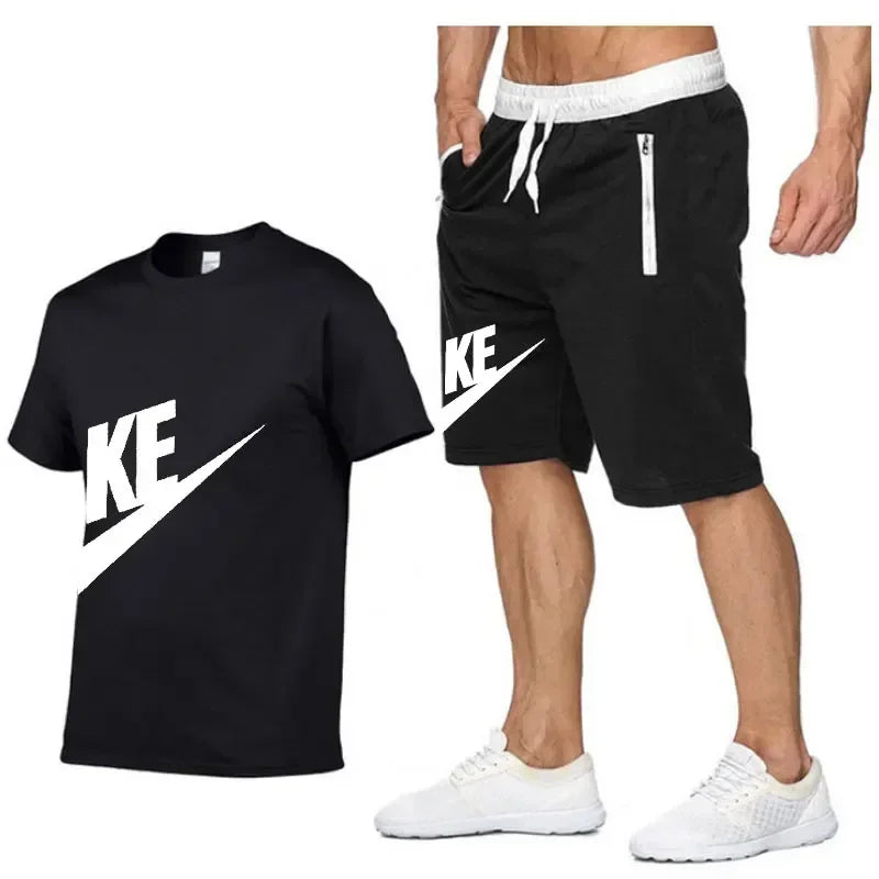 Summer men's printed round neck short-sleeved T-shirt + five-point shorts two-piece fitness sports fashion leisure suit