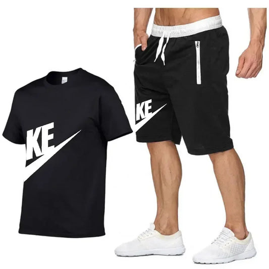 Summer men's printed round neck short-sleeved T-shirt + five-point shorts two-piece fitness sports fashion leisure suit
