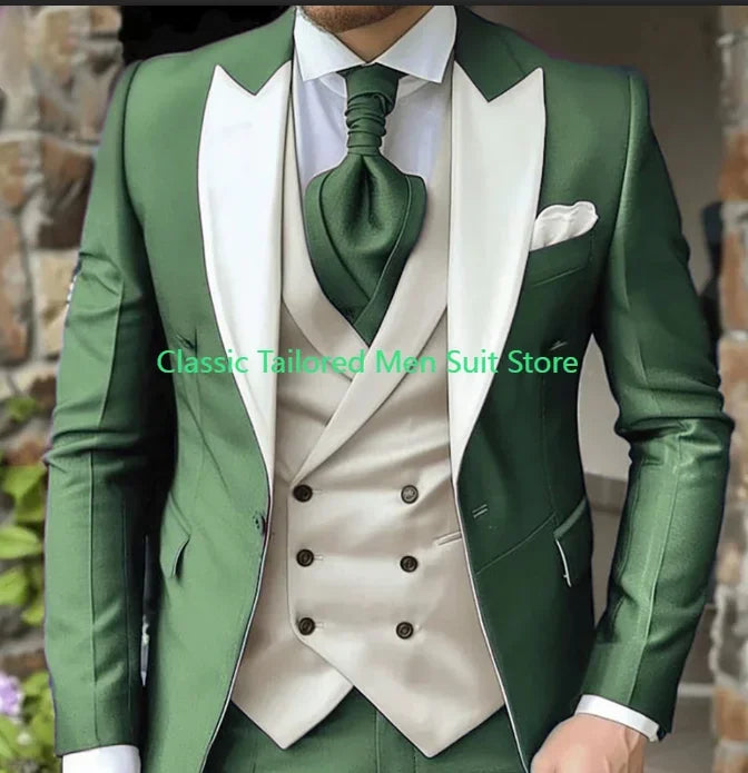 Elegant Wedding 3 Piece Jacket Pants Vest Full Set Luxury Single Breasted Peak Lapel  Male Clothing Men's Suits Blazer