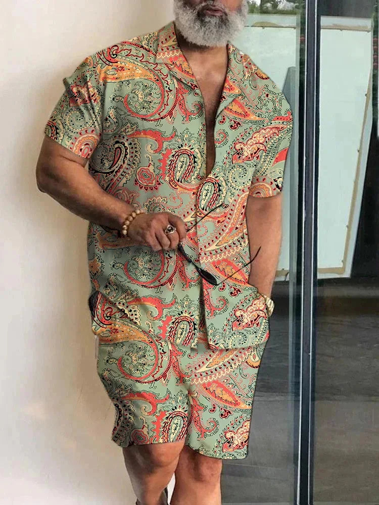 Summer Men's Temperament Shirt Set Men's Hawaii Vacation Short Sleeve Top Drawstring Shorts 2 Pcs Boutique