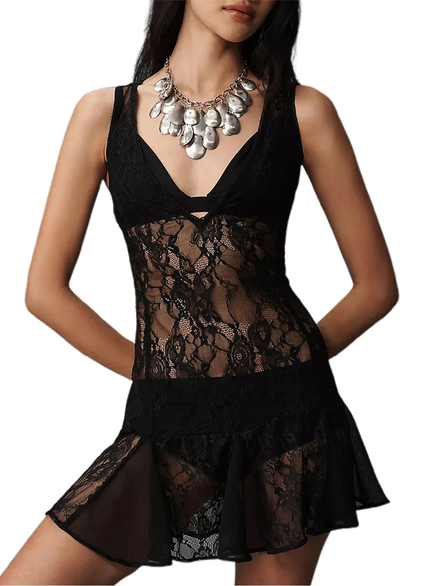 Lace Lingerie Set with Floral Embroidery and Sheer Mesh Babydoll Dress Backless Design and Wide Straps