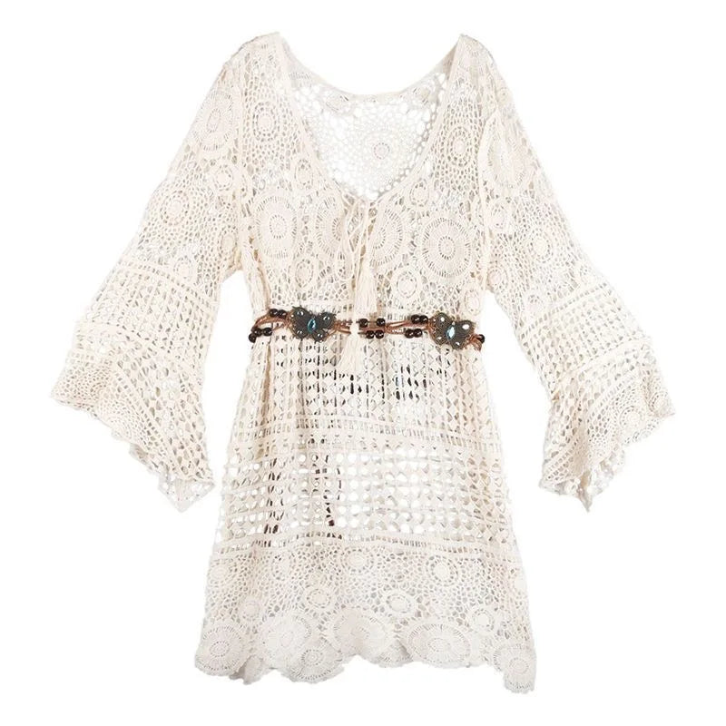 Crochet Tunic Top Boho Women Summer Beach Wear Lantern Sleeve Tassel V-Neck Open Knit Top