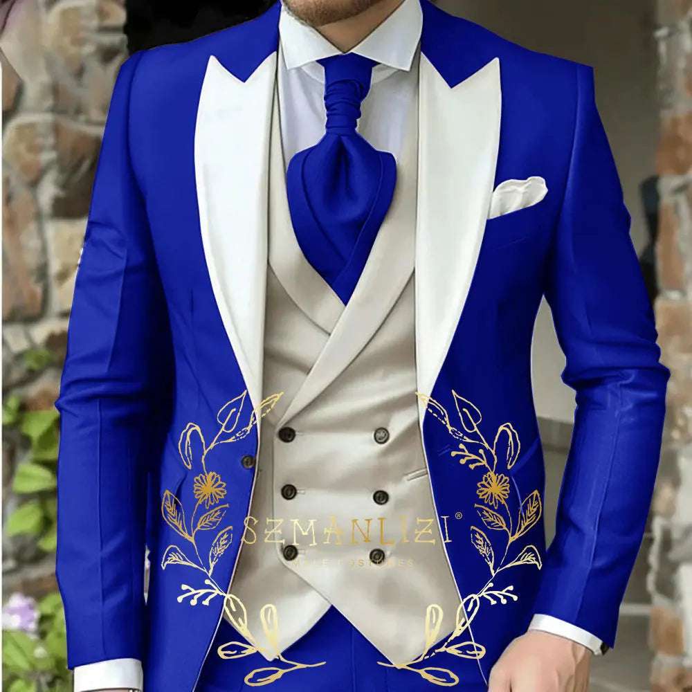 Classic Men's Suit 3 Piece Tuxedo Peaked Lapel Groomsmen Wedding Suits Set Fashion Men Business Blazer Pants Vest