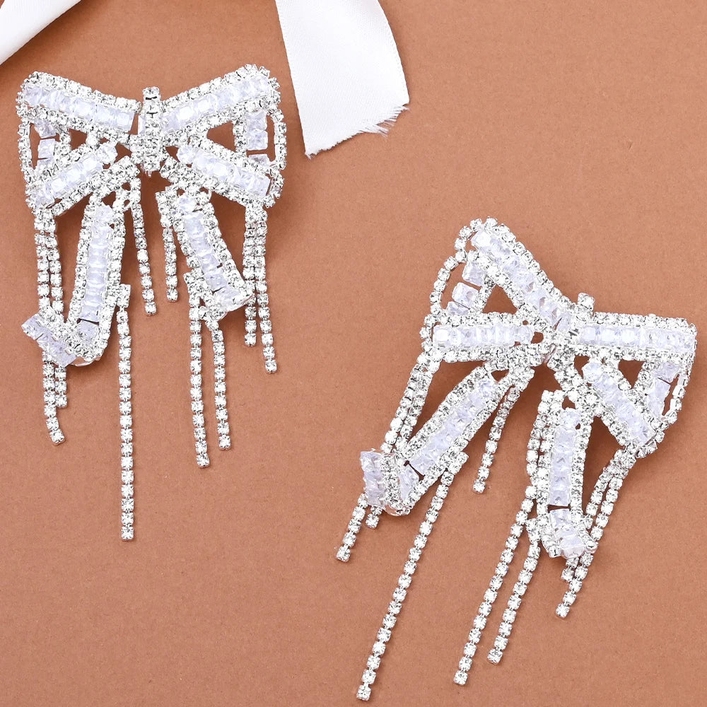 Bowknot Tassel Earrings Statement Jewelry Rhinestone Dangle Earrings Non Piercing