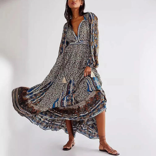Chiffon Floral Printed Maxi Dresses For Women Robe Vintage Lantern Long Sleeve V Neck Tassel Loose Dress Boho Beach