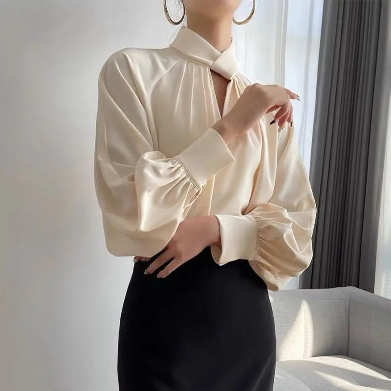 Hollow Ruffled Elegant Blouse  Stand Collar Business Casual Long Sleeve