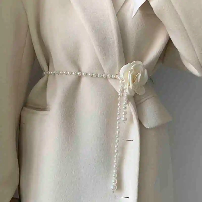 Pearl Waist Belt Women's Style Camellia Decorative Versatile Waist Belt  Dress Coat Jacket Fashion Elegant Belt