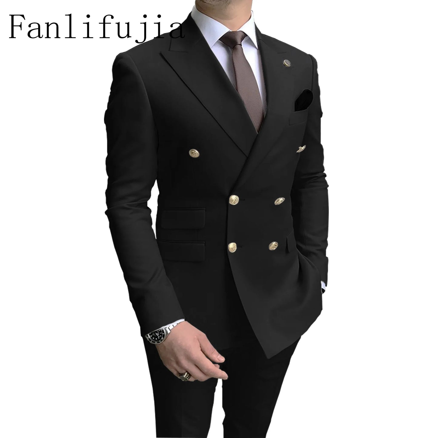 Men's Party Tuxedos 2 Pieces Latest Peak Lapel Men Suits Gold Buttons Fashion Style Suits Double Breasted