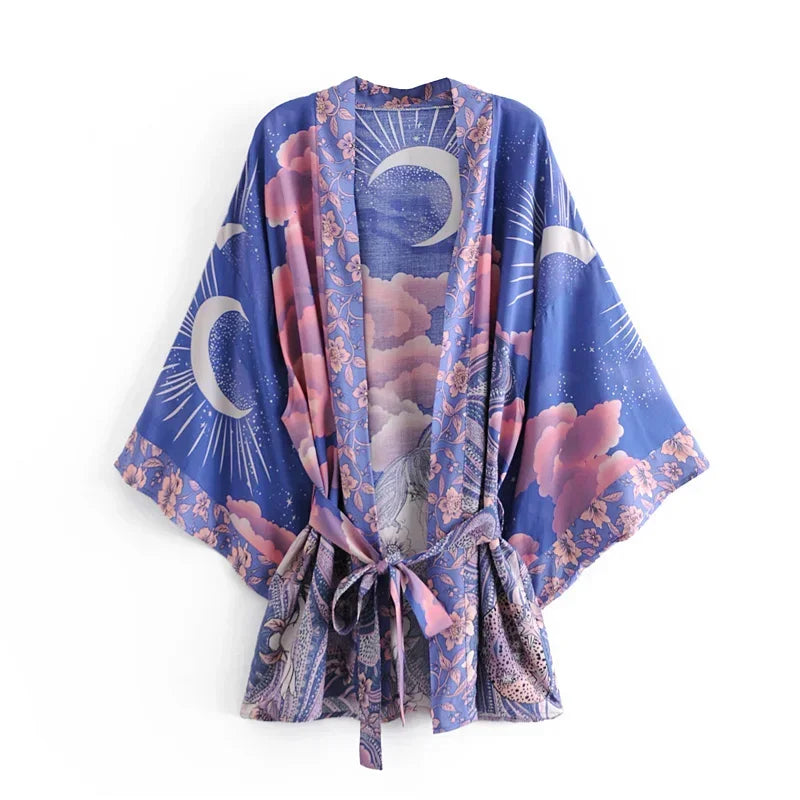 Boho Queens Vintage Star and Moon Floral Print Women's Bohemian V Neck Batwing Sleeves Kimono