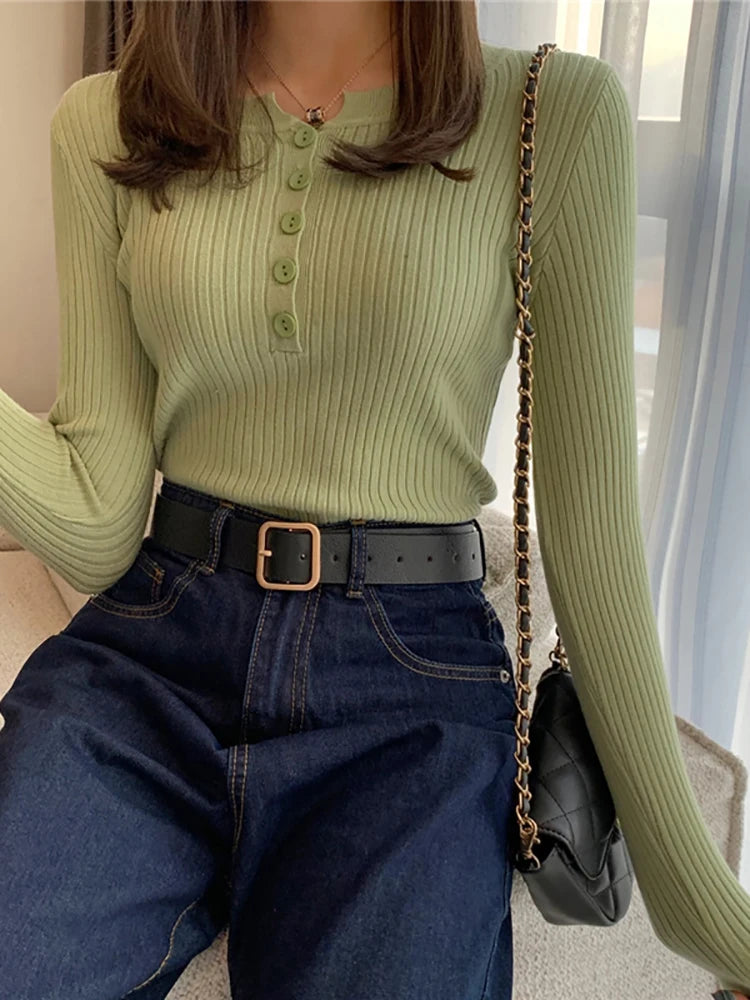 Knitted Women's Sweater Button O-neck Pullovers Basic Sweaters for Female Pullover Solid Bold Tops