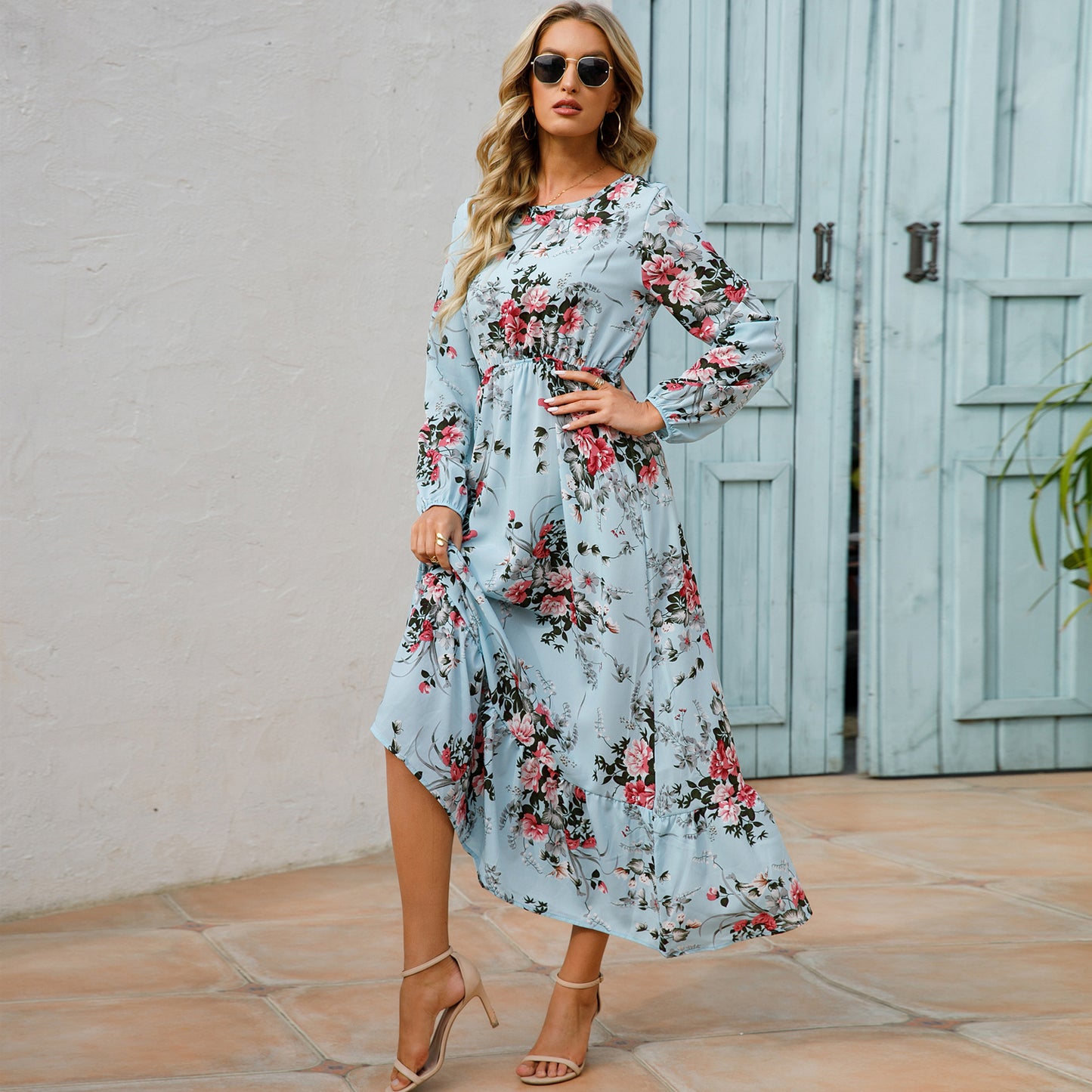 Bohemian Women's Maxi Dress Casual Long Sleeve High Waist Beach Woman Chiffon Dresses Floral