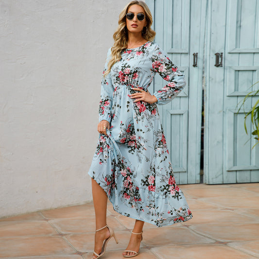 Bohemian Women's Maxi Dress Casual Long Sleeve High Waist Beach Woman Chiffon Dresses Floral