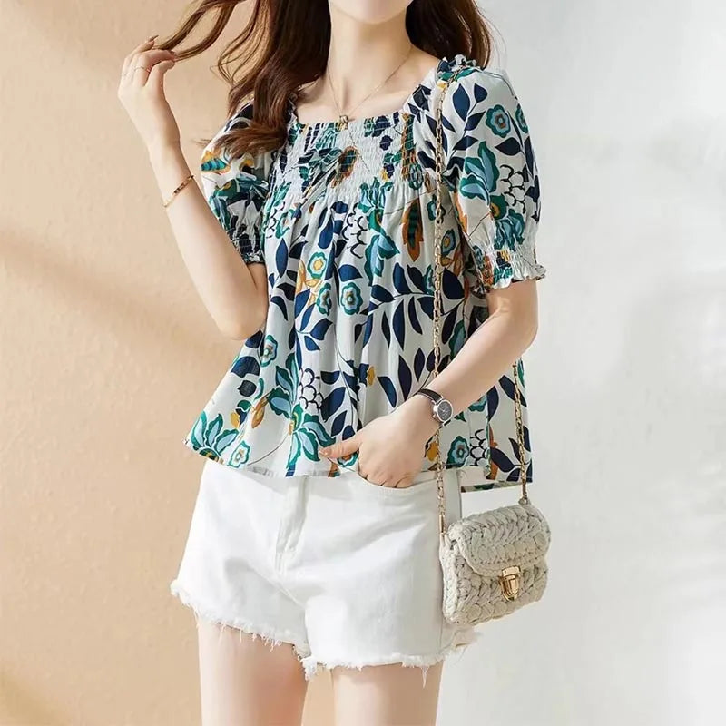 Square Collar Fashion All-match Printing  Puff Sleeve  Blouses