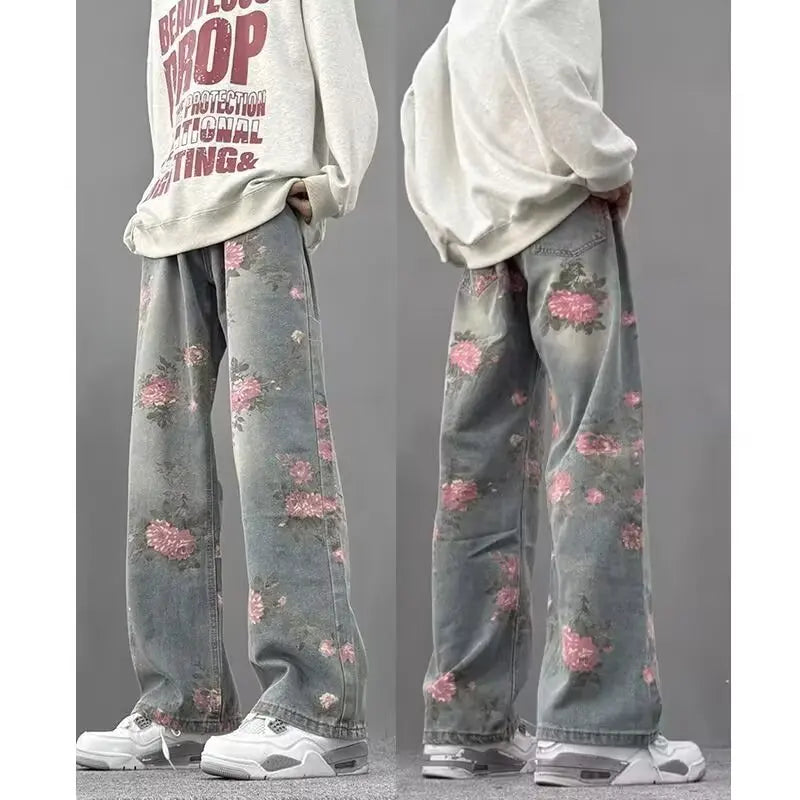 DM Street hip-hop men and women trendy straight leg personalized rose blossom jeans American couple loose retro casual pants