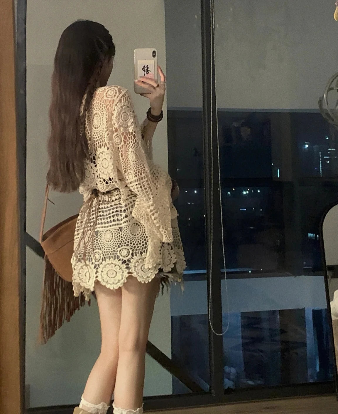 Crochet Tunic Top Boho Women Summer Beach Wear Lantern Sleeve Tassel V-Neck Open Knit Top