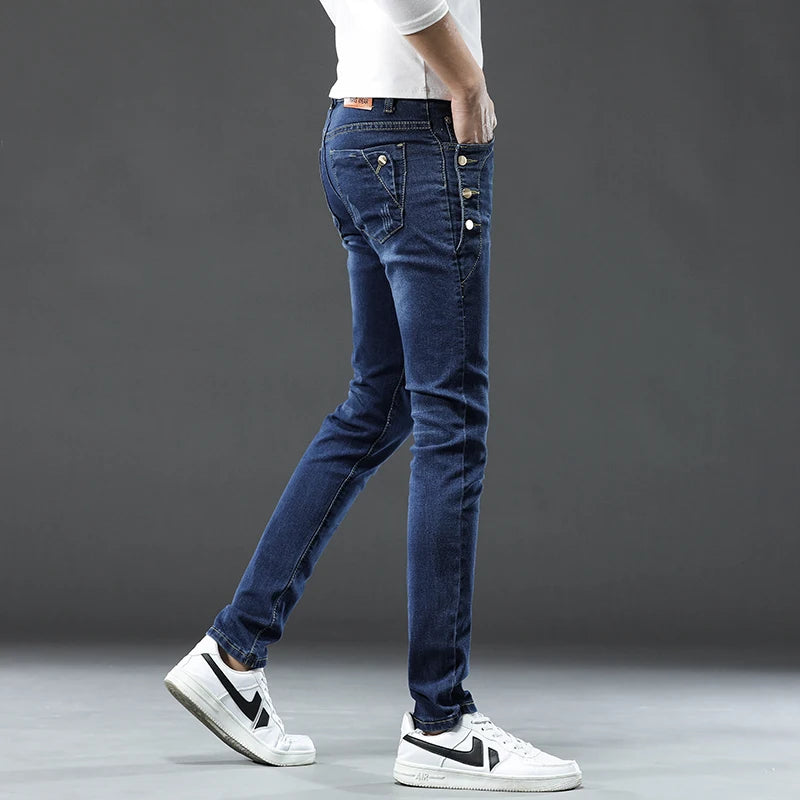 Button Jeans  Solid Color Stretch Multi-button  Denim Pants Streetwear