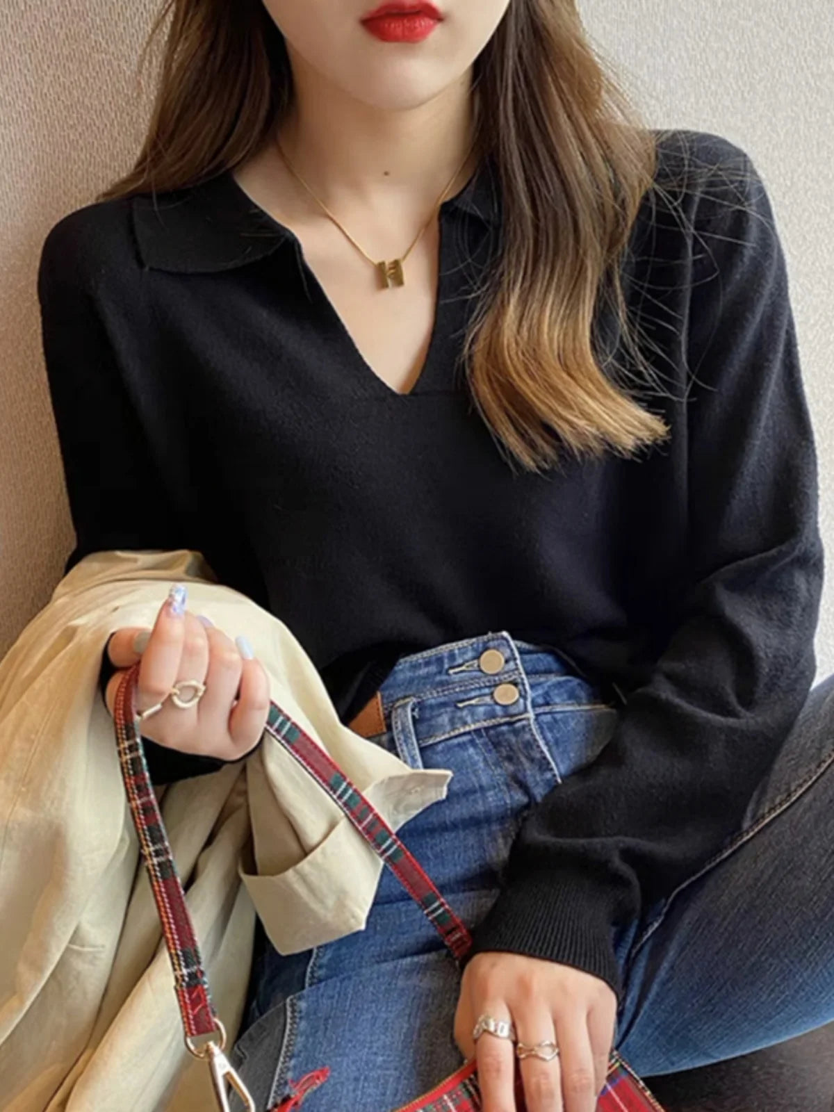 Polo Neck Sweater Pullovers Long Sleeve Tops Women Autumn Winter Clothes Knit Soft Jumper Streetwear Simple Sweater