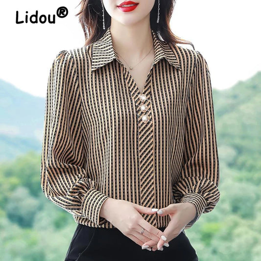 Striped Print  Office  Business Casual Shirt Spring Autumn Long Sleeve