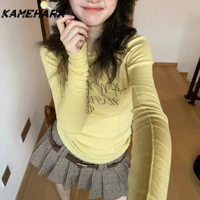 Retro Long Sleeve Spring  Lemon Yellow Round Neck Letter T-shirt
