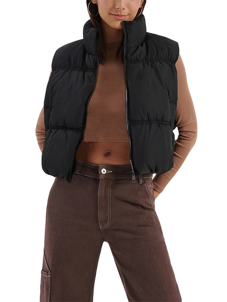 Quilted Waistcoat Solid Color Lightweight Zip Stand Collar Winter Vest Sleeveless Jacket