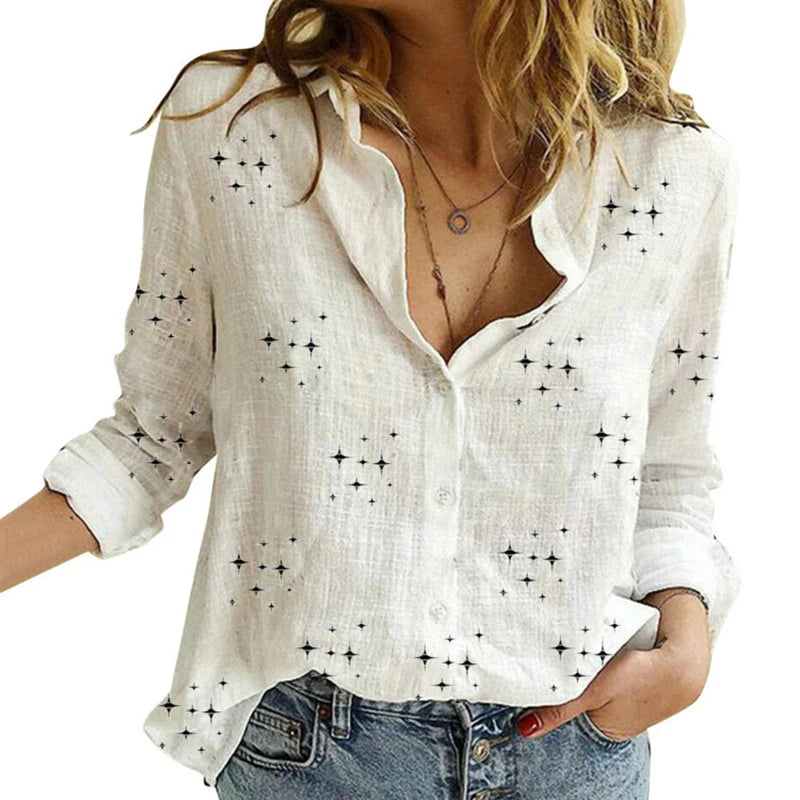 Elegant Cotton Linen Shirts Women Casual Solid Button Lapel Blouses Shirts  Long Sleeve Loose Tops