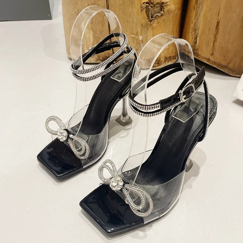 Sandals for Women Fashion Crystal Diamond Bow High Heel Transparent Shoes for Women High Heels