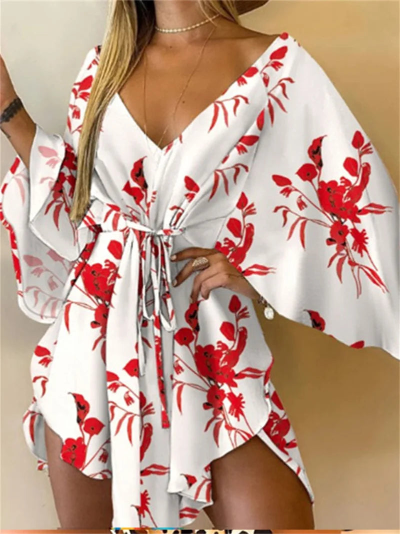 Women Print Dress Sexy V-Neck Bat Sleeve Ruffle Flowers Print Bohemian Beach Sundress Ladies Loose Summer Vacation Mini Dresses