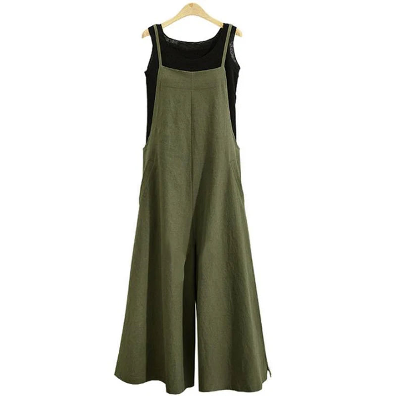 Women's Straps Jumpsuit Summer Solid Color Wide Leg Pants Dungaree Bib Overalls Casual Loose Sleeveless Cotton Linen Jumpsuits