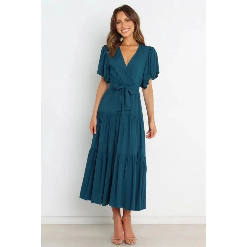 Bohemian V-Neck Short Sleeve Waist-Cinched Dress Skirt Dress