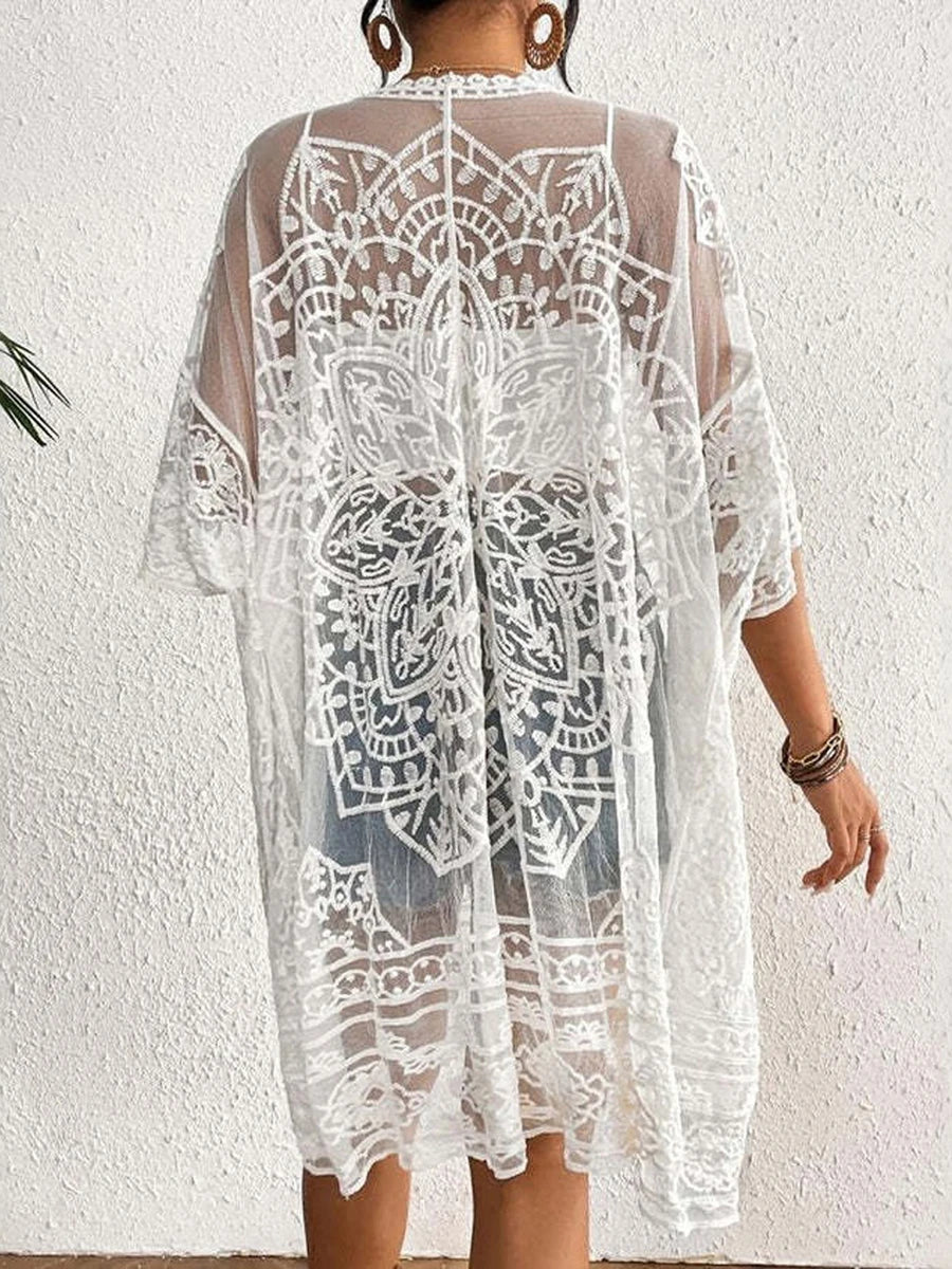 Women s Floral Lace Kimono Cardigan with 3 4 Sleeves and Open Front Sheer Mesh  Bikini Cover-Up