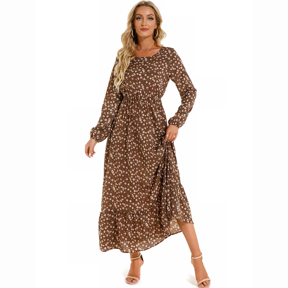 Bohemian Women's Maxi Dress Casual Long Sleeve High Waist Beach Woman Chiffon Dresses Floral